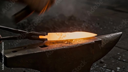 Blacksmith reshaping hot glowing steel blade on anvil. Artisan using hammer to forge metal weapon in workshop. Traditional craft, metalwork production process, industry manual labor and creative