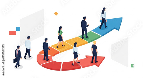 Obraz na płótnie Business people follow arrow path showing progress and teamwork.