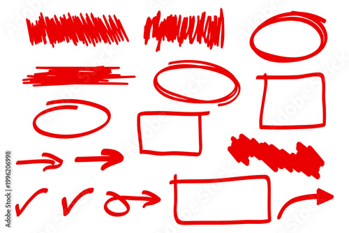Red pencil hand drawn various oval, chalked arrows, check marks.