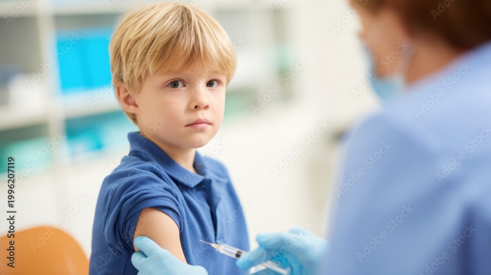 Fototapeta premium A young boy looks apprehensive as a healthcare professional prepares to administer a vaccine