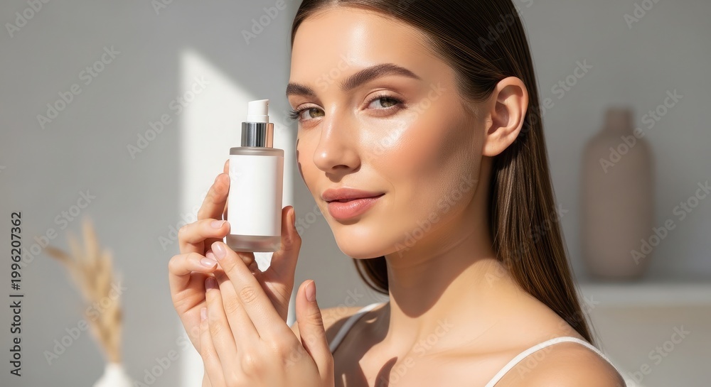 Fototapeta premium Radiant woman showcasing skincare a portrait of beauty and wellness with a lotion bottle
