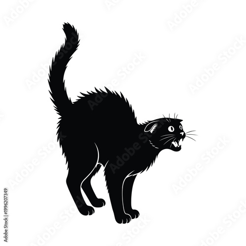 Scared black cat silhouette vector illustration standing arched back fur raised illustration.