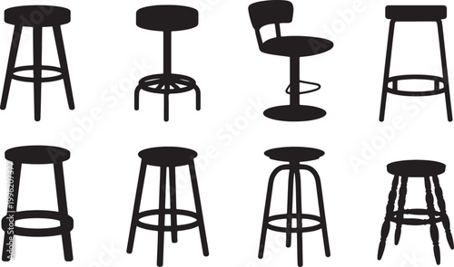 Barstool and high chair silhouettes collection including industrial swiveling and wooden counter height seating icons Vector Illustration
