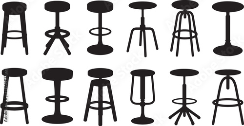 Collection of black bar stools with different designs isolated on a transparent background for interior design projects. Vector Illustration