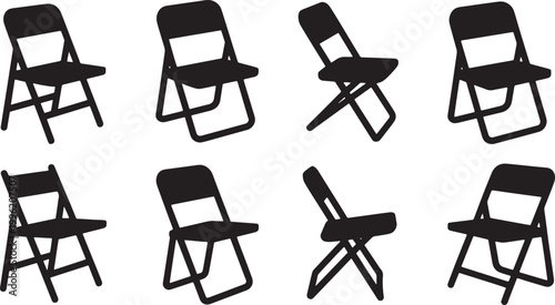 Collection of black folding chairs in different angles and positions for event seating and outdoor furniture Vector Illustration
