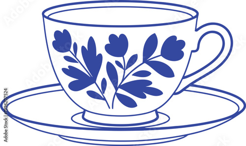 Billede på lærred Delicate blue and white floral teacup and saucer illustration