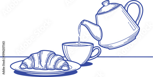 Blue line drawing of a teapot pouring into a cup with croissant silhouette
