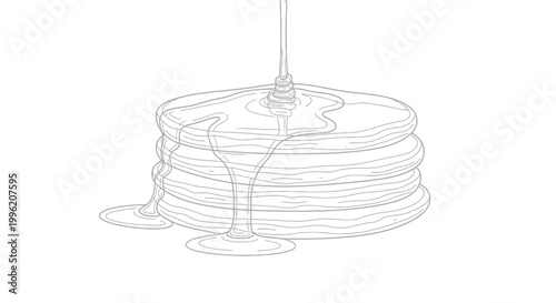 Delicious stack of freshly cooked fluffy pancakes being covered in a generous pour of golden maple syrup in a clean line art illustration perfect for a fun and simple coloring book page