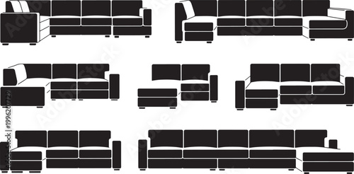 Modern sectional sofa and armchair silhouettes collection interior furniture design elements Vector Illustration isolated on transparent background.