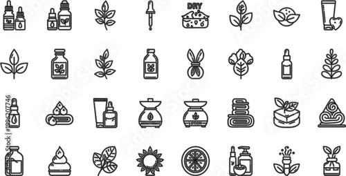 Minimalist clinical skincare icon and spa beauty vector set with clean monoline dropper bottle designs