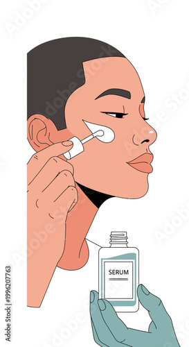 Woman applying facial serum for skincare, beauty routine, self-care