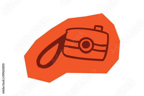 Hand drawn compact camera with wrist strap on orange background shape for Scrapbook and Journal. Vector illustration design.