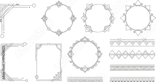 Art Deco geometric frame and divider vector set with luxury black line art patterns for wedding invitations