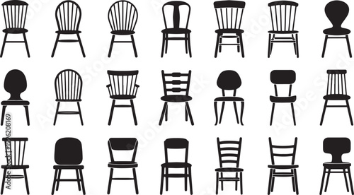 Set of various black wooden chairs with backs and legs design element. simple shapes and silhouettes of furniture Vector Illustration
