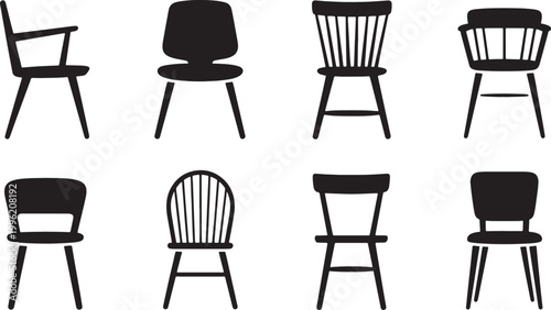 Set of various black wooden chairs with backs and legs design element. simple shapes and silhouettes of furniture Vector Illustration