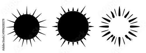 Brightness sun icon set with solid black graphic on white background featuring sun symbol, mood light, iconography with daytime and illumination