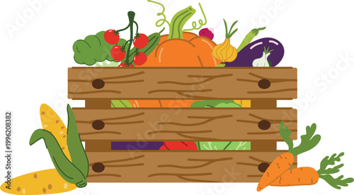 Wooden crate with fresh organic vegetables vector. Farm harvest box with pumpkin, tomatoes, corn, carrots, and eggplant isolated on white.