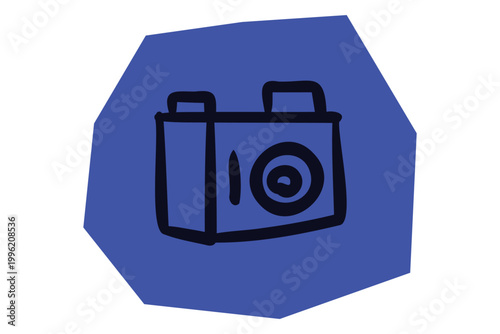 Hand drawn photo camera icon on blue irregular geometric shape for Scrapbook and Journal. Vector illustration design.