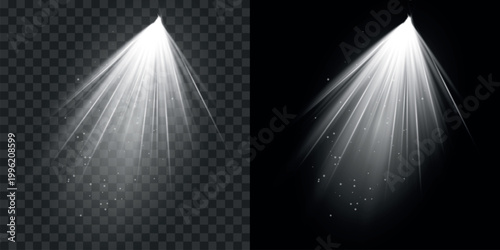 Bright light beam spotlight effect two variations on transparent background studio illumination high-quality professional detailed modern elegant