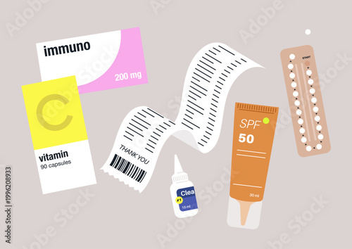 A vibrant arrangement features costly pills, eye drops, and ointments alongside a printed receipt, This composition highlights crucial items for everyday health and well-being.