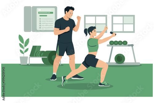 Personal trainer coaching a woman doing lunges in the gym, fitness instructor helping client with workout exercise, healthy lifestyle concept