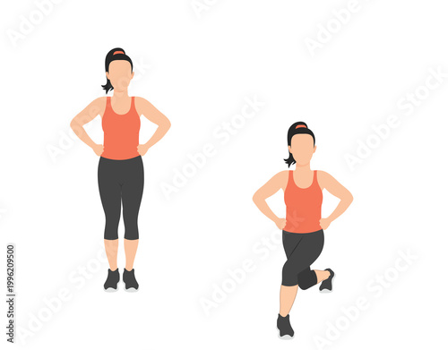 Fotografia Cross over lunge exercise demonstration with woman in fitness attire on black ba