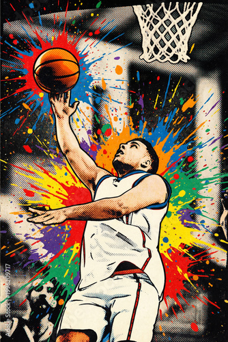 Basketball player scoring layup under hoop. Bold pop art illustration, explosive color splash background. Dynamic game action scene, urban sport energy.