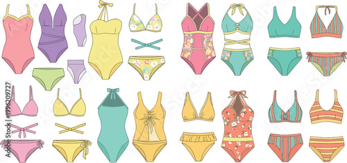 Women Swimwear Vector Collection with Bikini Sets, One Piece Swimsuits, and Beach Fashion Apparel for Summer Clothing Design and Illustration