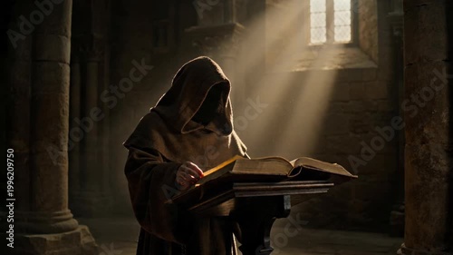 Monk in hooded robe reads ancient manuscript in stone monastery. Religious man studies scripture by light from window. Medieval cleric focuses on historical book, learning in quiet sanctuary library