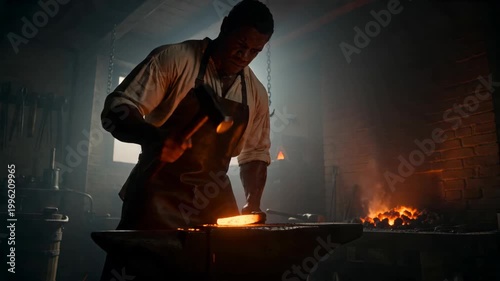 Black muscular blacksmith hits glowing metal piece on anvil in workshop. Man in leather apron shapes hot iron with hammer. Traditional craftsmanship, manual labor and intensive metalworking process