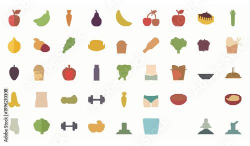 Healthy diet and nutrition icon set with food exercise and weight loss elements in flat vector style for wellness design