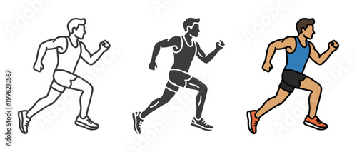 Running man character icon set with sprinting athlete in outline, solid and color styles, white background