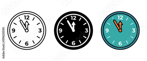 Time management clock icon set with wall watch outline, solid and color styles, white background
