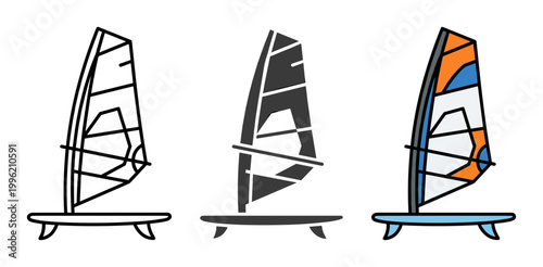 Windsurfing icon set with windsurf board and sail in outline, solid and color styles, white background