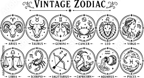 Bild auf Leinwand Vintage Zodiac Line Icon Set – 12 Astrology Symbols Black and White Engraving St