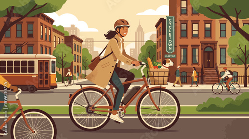Urban Cycling Adventure: A woman enjoys a leisurely bike ride through a bustling city, embracing a sustainable lifestyle and the freedom of two wheels. 