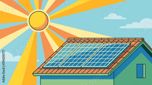 Solar Panels for a Sustainable Future: A stylized illustration showcases a home's roof with solar panels bathed in sunlight, symbolizing eco-friendly energy and sustainable living.