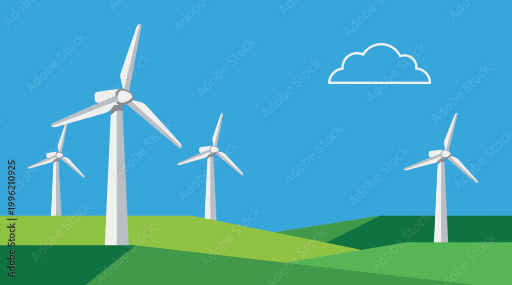 Fototapeta premium Renewable Energy: A depiction of a clean, sustainable future, with wind turbines dotting a verdant landscape under a bright, clear sky. It symbolizes the harmony between technology and nature.
