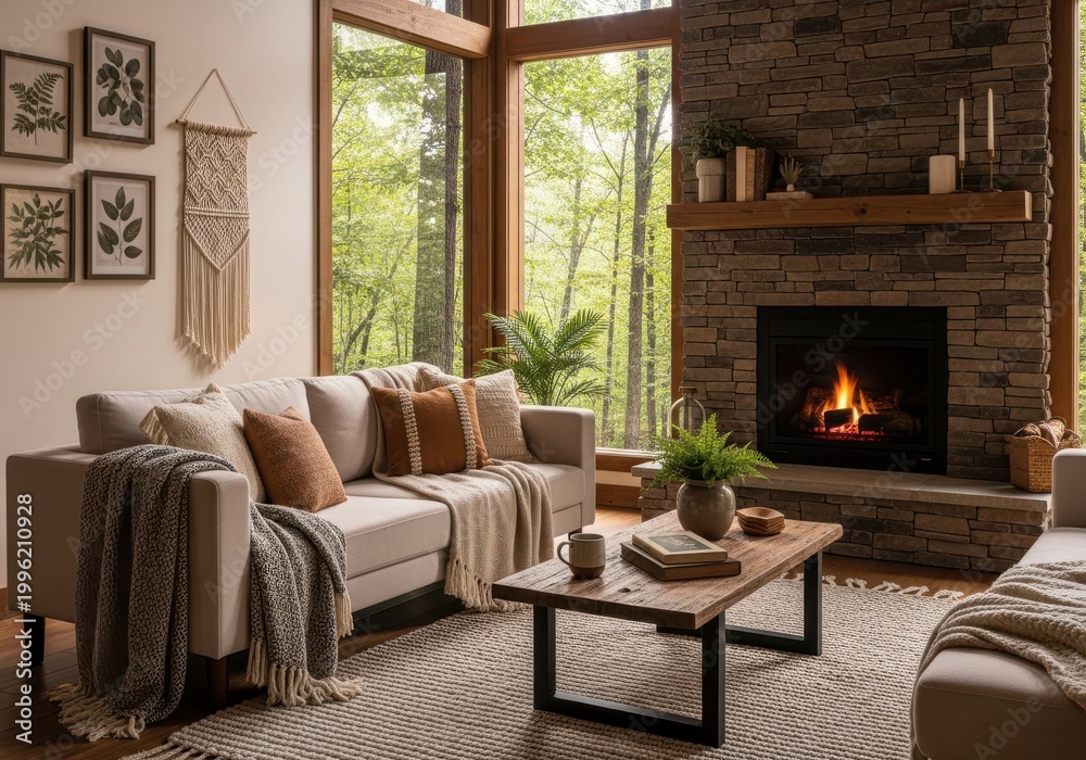 Fototapeta premium Modern Rustic Living Room with Stone Fireplace and Large Windows, Cozy Interior Design featuring Neutral Sofa, Wooden Coffee Table, and Forest View