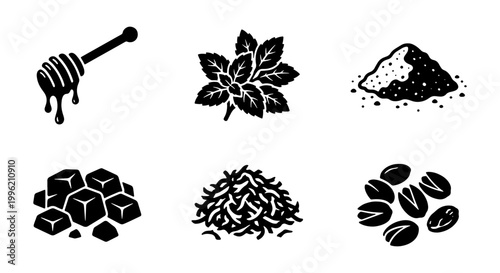 Black food ingredients icon set, organic honey dipper and mint leaves vector, sugar cubes and coffee beans illustrations for culinary branding