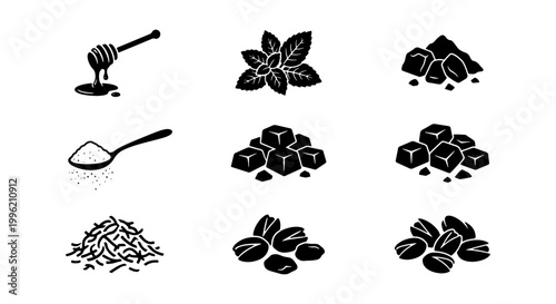 Black silhouette food icons set, organic ingredients including honey dipper and mint leaves, sugar cubes and nuts vector collection for packaging