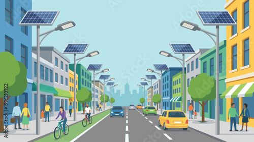 Eco-Friendly Avenue: A vibrant city street, illuminated by sustainable solar-powered streetlights, showcases a commitment to eco-friendly urban living and green transport. 
