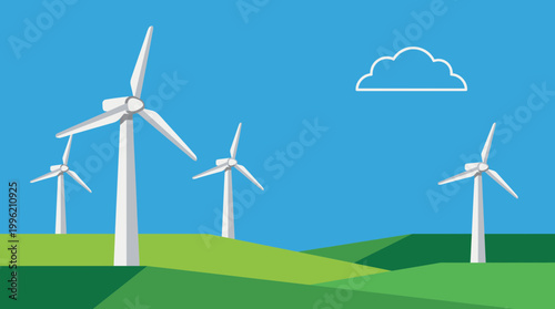 Renewable Energy: A depiction of a clean, sustainable future, with wind turbines dotting a verdant landscape under a bright, clear sky. It symbolizes the harmony between technology and nature.