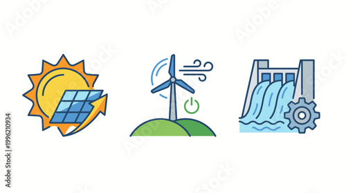 Sustainable Energy: A visual representation of renewable energy sources, including solar panels, wind turbine and hydroelectric dam.