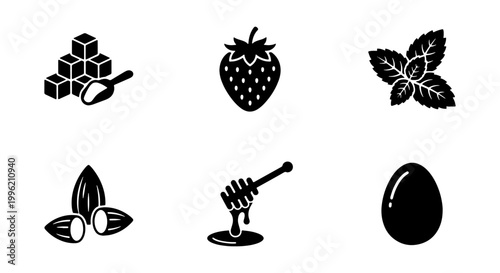 Minimalist food ingredients icon set, black solid vector symbols of strawberry and mint, baking components with sugar cubes and honey dipper