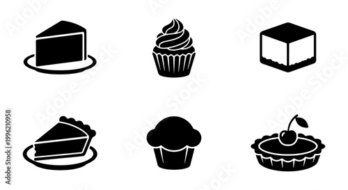 Minimalist bakery icon set, black silhouette dessert symbols, collection of 6 cake and pastry vector illustrations for cafe menus and food branding