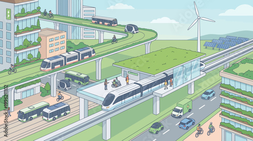 Eco-Friendly Metropolis: Futuristic illustration presents a sustainable city, combining green infrastructure, and eco-friendly transport, representing an urban harmony with the natural environment. 