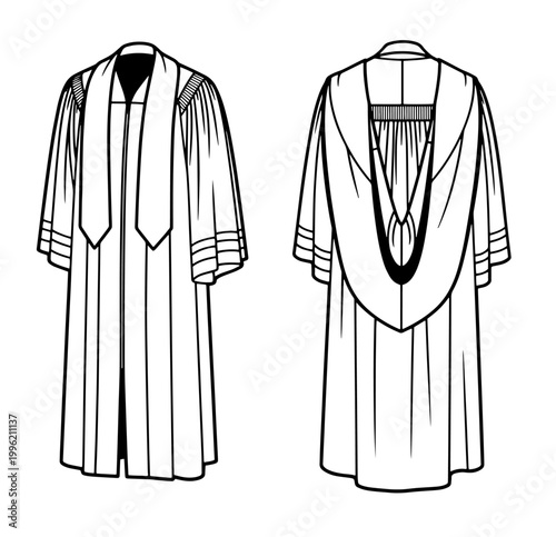 Graduation gown line art showing front and back view academic robe illustration