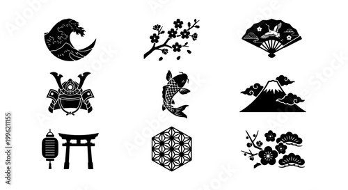 Japanese cultural icons set, black silhouette oriental symbols including koi fish and sakura, traditional asian vector elements for logo design