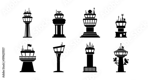 Airport control tower icons set, black silhouette aviation traffic control buildings, 8 vector flight navigation tower elements for travel design